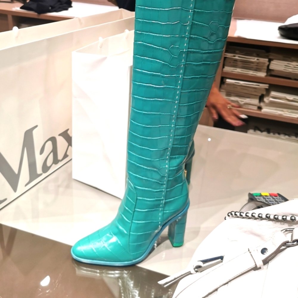 Knee High boots MaxMara Runway, Teal, Size 5, size 35, Genuine Leather, Beboot,